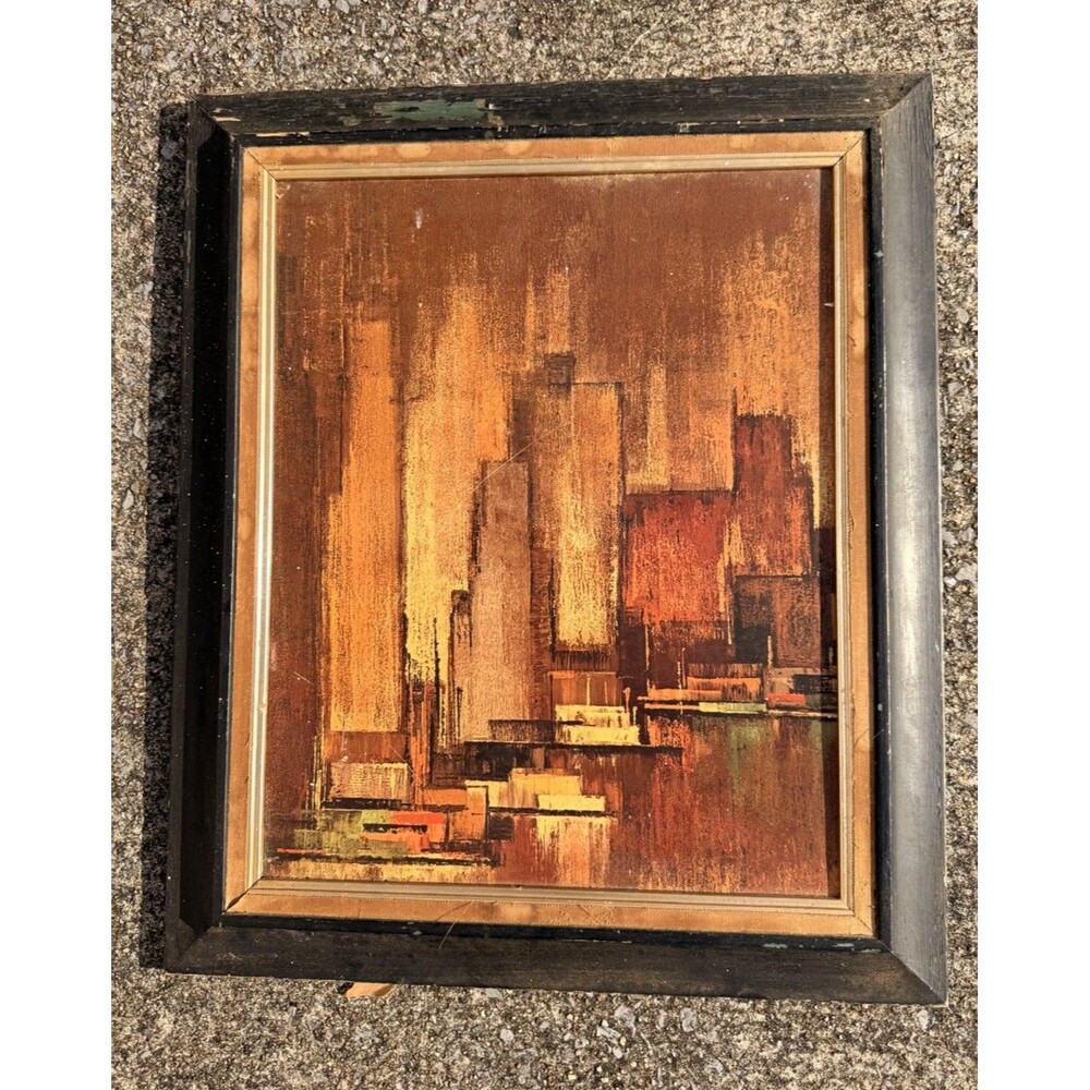 Vintage Mid Century Modern Abstract Cityscape Wall Art Orange Brown Framed 25”
